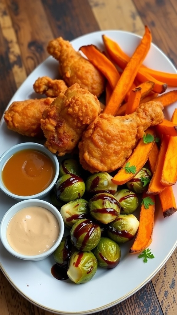 A plate with crispy chicken wings, Brussels sprouts, and sweet potato fries served on a rustic table.